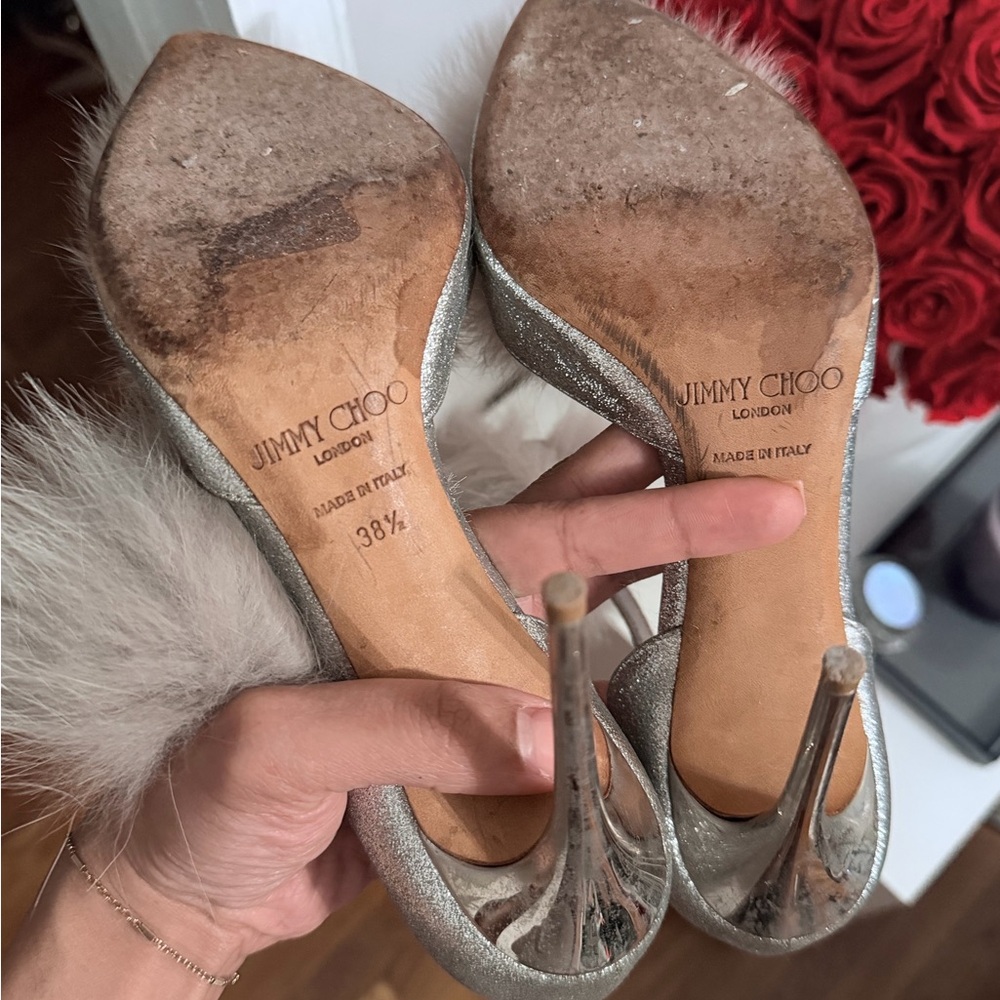Vintage Jimmy Choo Glitter Silver Heels Y2K Sparkle Gray Pom Poms